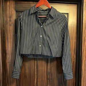 Theory Navy and White Cropped Button Down Shirt